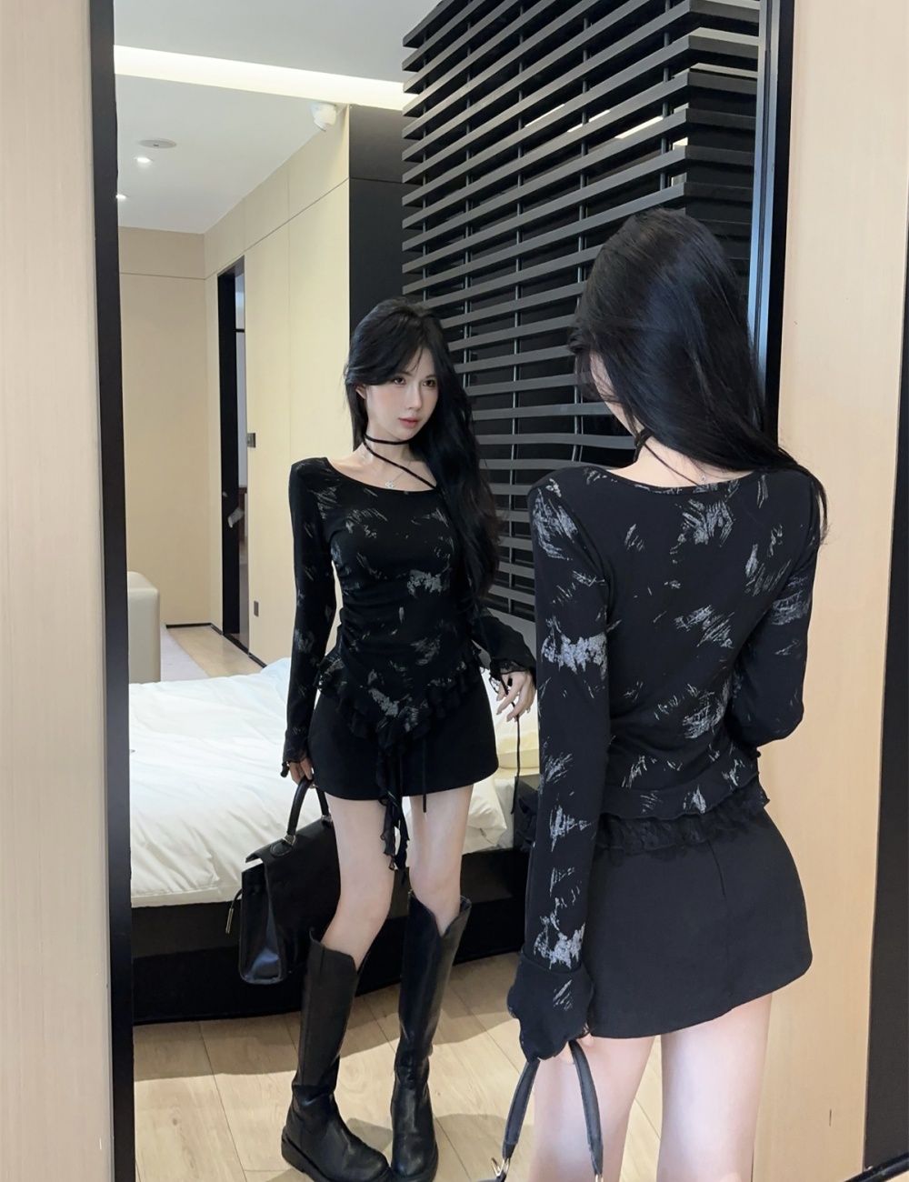 Halter stitching short skirt lace tops 2pcs set