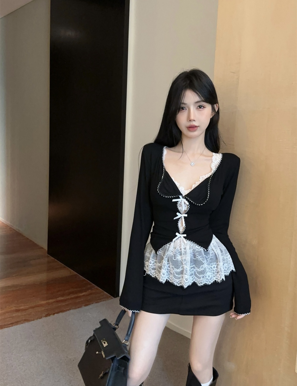 Hollow enticement bow vest lace sling tops 3pcs set