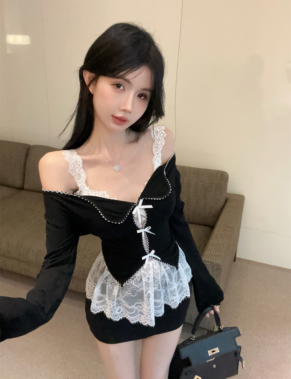 Hollow enticement bow vest lace sling tops 3pcs set