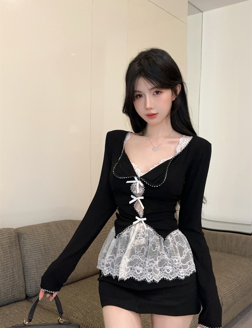 Hollow enticement bow vest lace sling tops 3pcs set