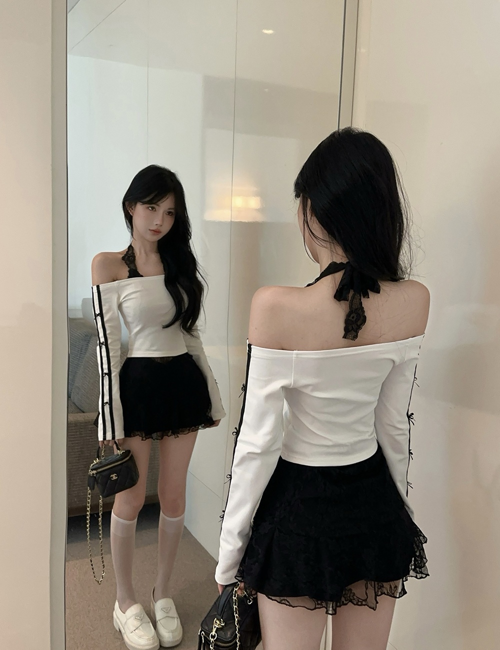 Bow T-shirt horizontal collar tops 2pcs set