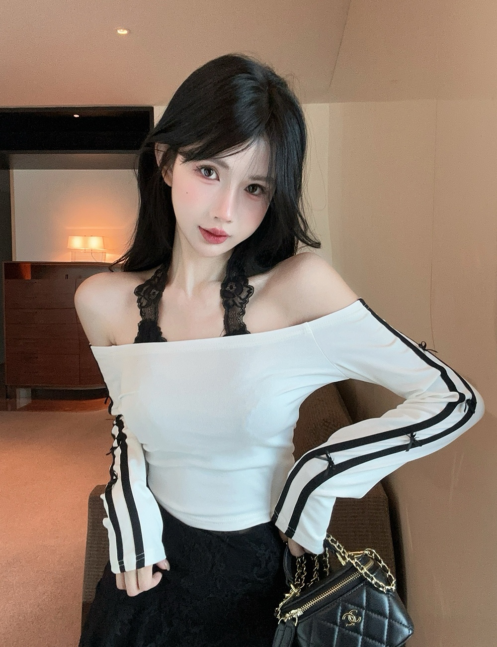 Bow T-shirt horizontal collar tops 2pcs set