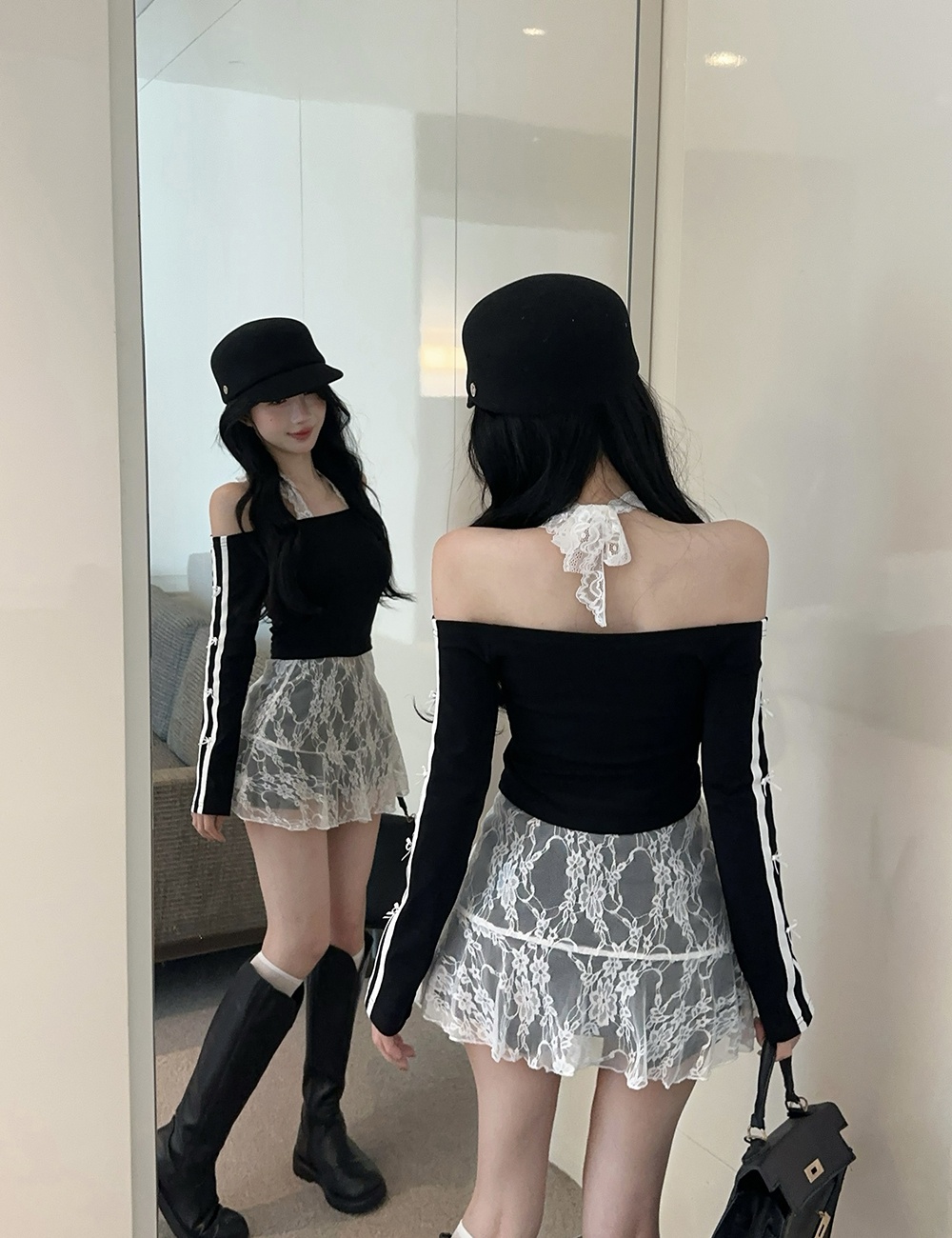 Bow T-shirt horizontal collar tops 2pcs set