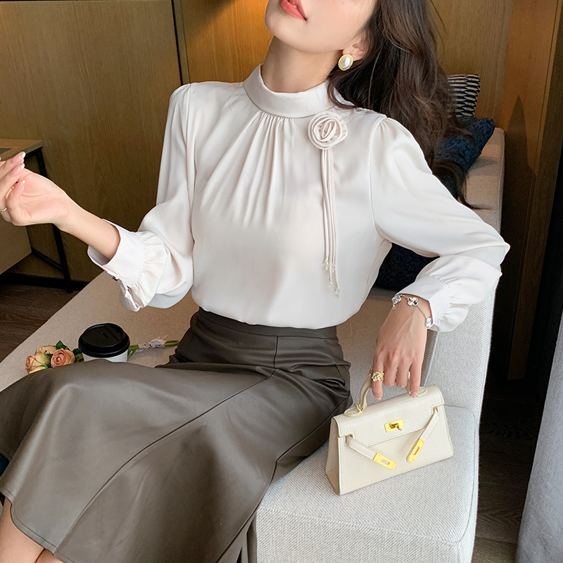 Half high collar satin small shirt autumn tops for women