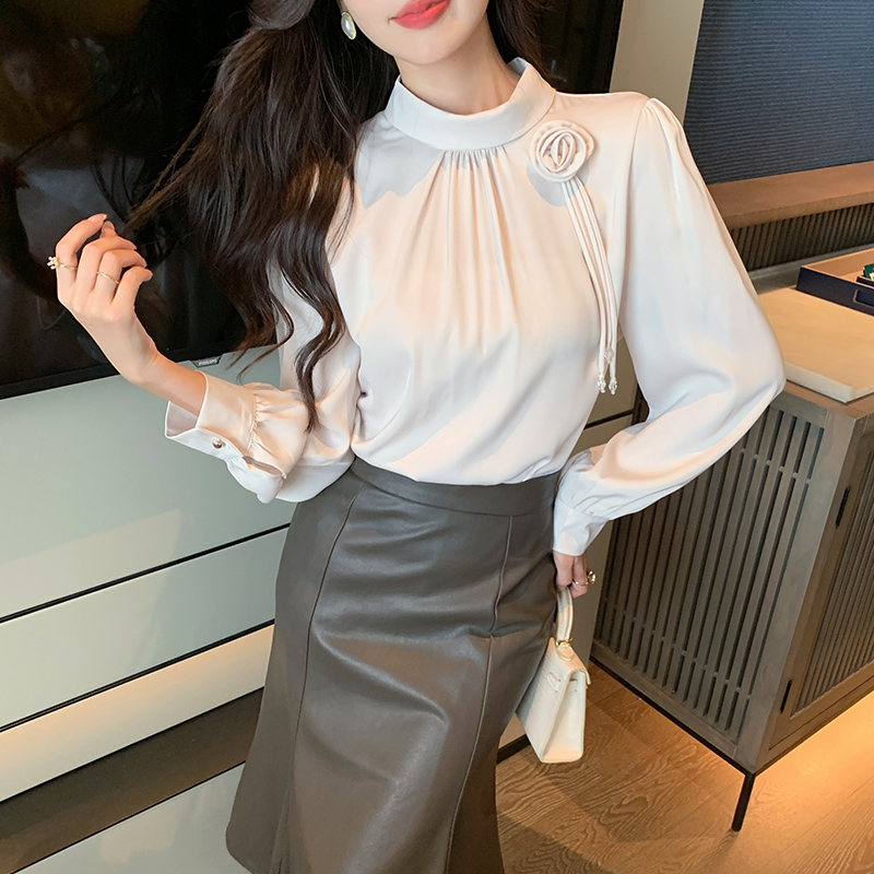 Half high collar satin small shirt autumn tops for women