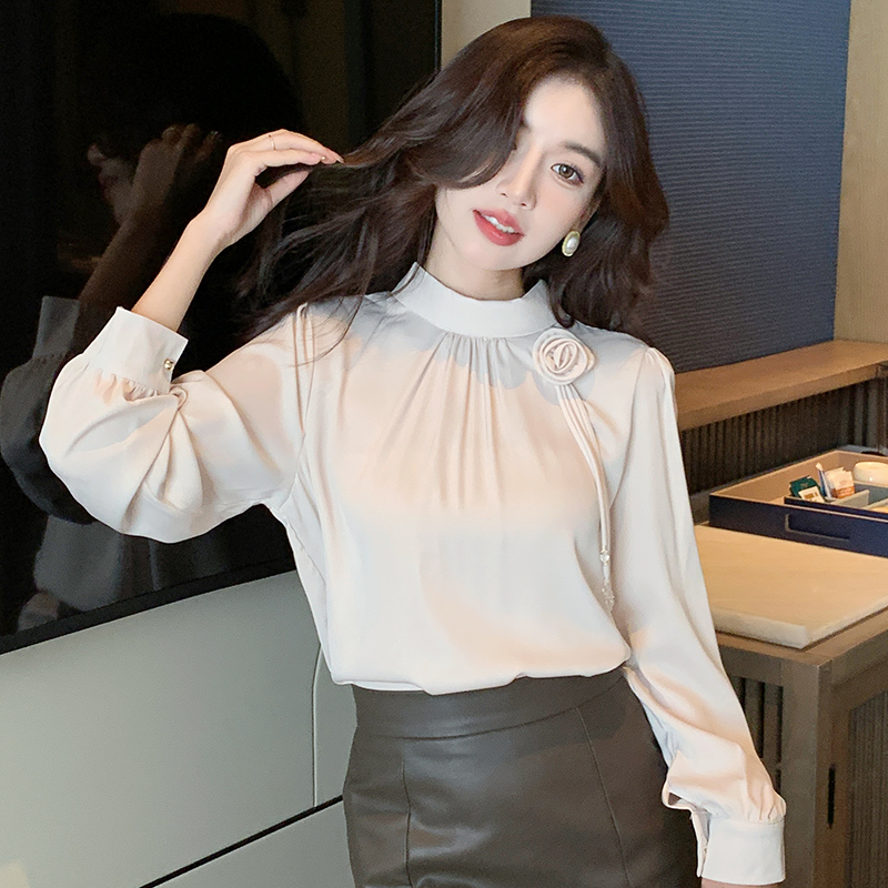 Half high collar satin small shirt autumn tops for women