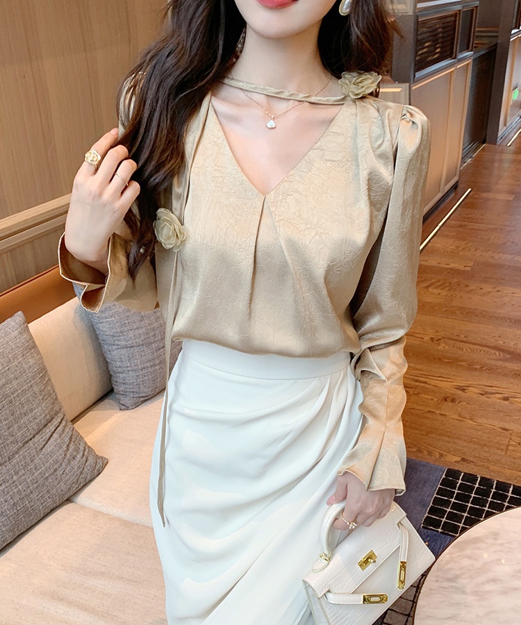 Autumn V-neck shirt long sleeve bottoming shirt for women