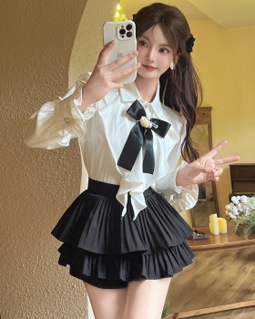 Bow enticement puff sleeve short skirt 2pcs set