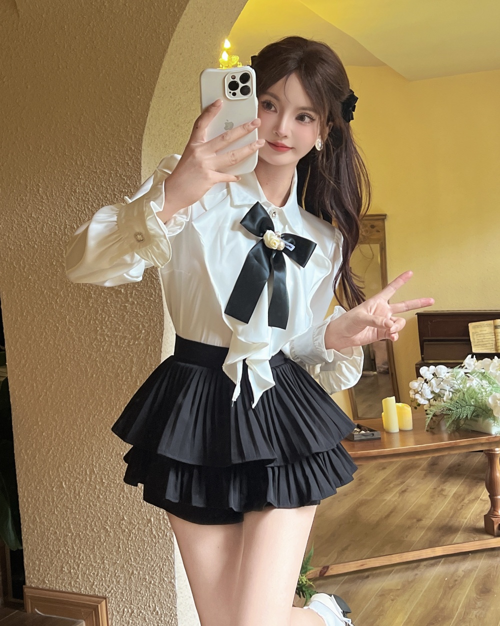 Bow enticement puff sleeve short skirt 2pcs set