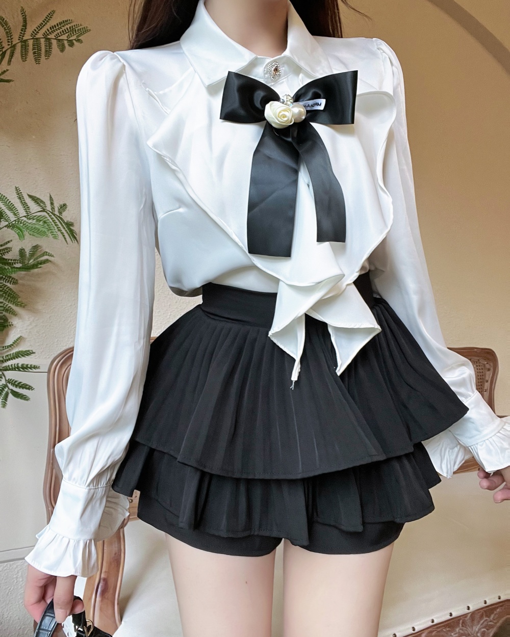 Bow enticement puff sleeve short skirt 2pcs set