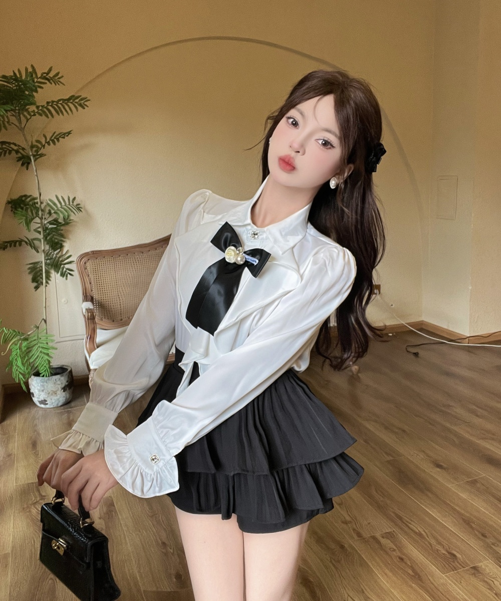 Bow enticement puff sleeve short skirt 2pcs set