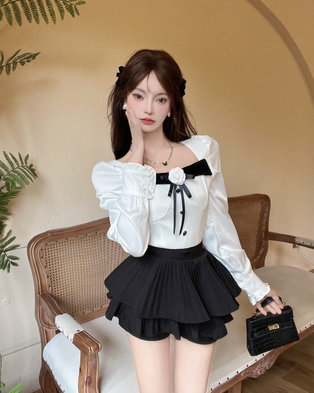 Enticement short skirt flowers tops 2pcs set