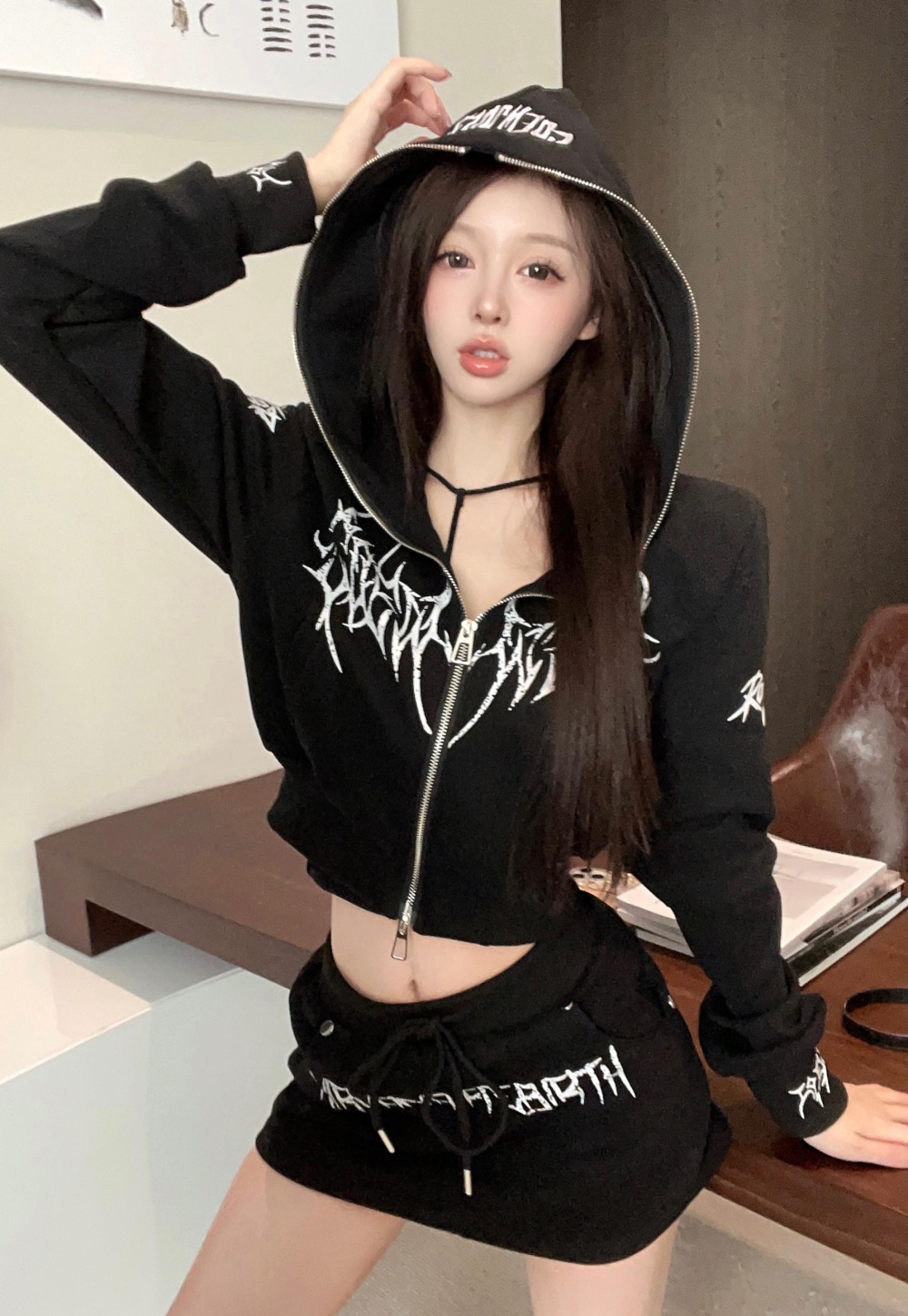 Hooded spicegirl skirt embroidery hoodie 2pcs set