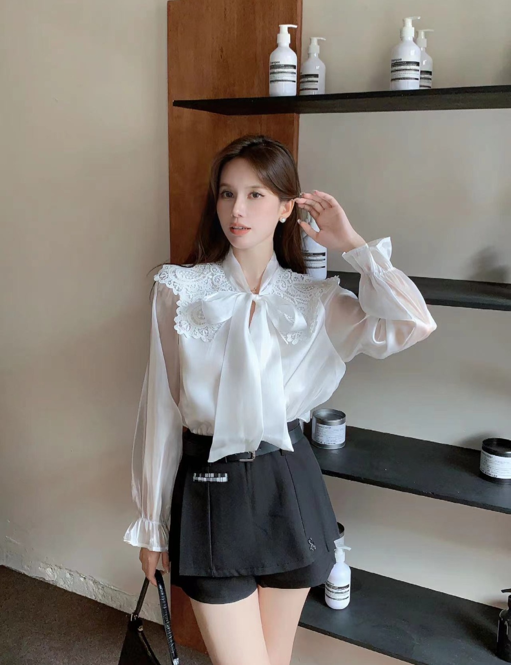 All-match niche bow speaker long sleeve doll collar tops