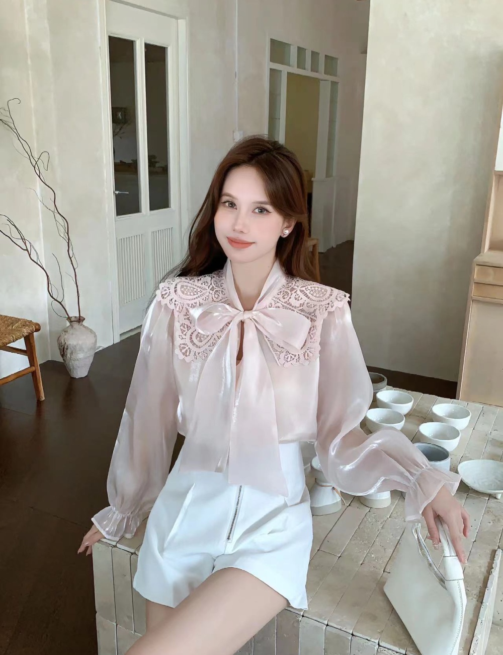 All-match niche bow speaker long sleeve doll collar tops