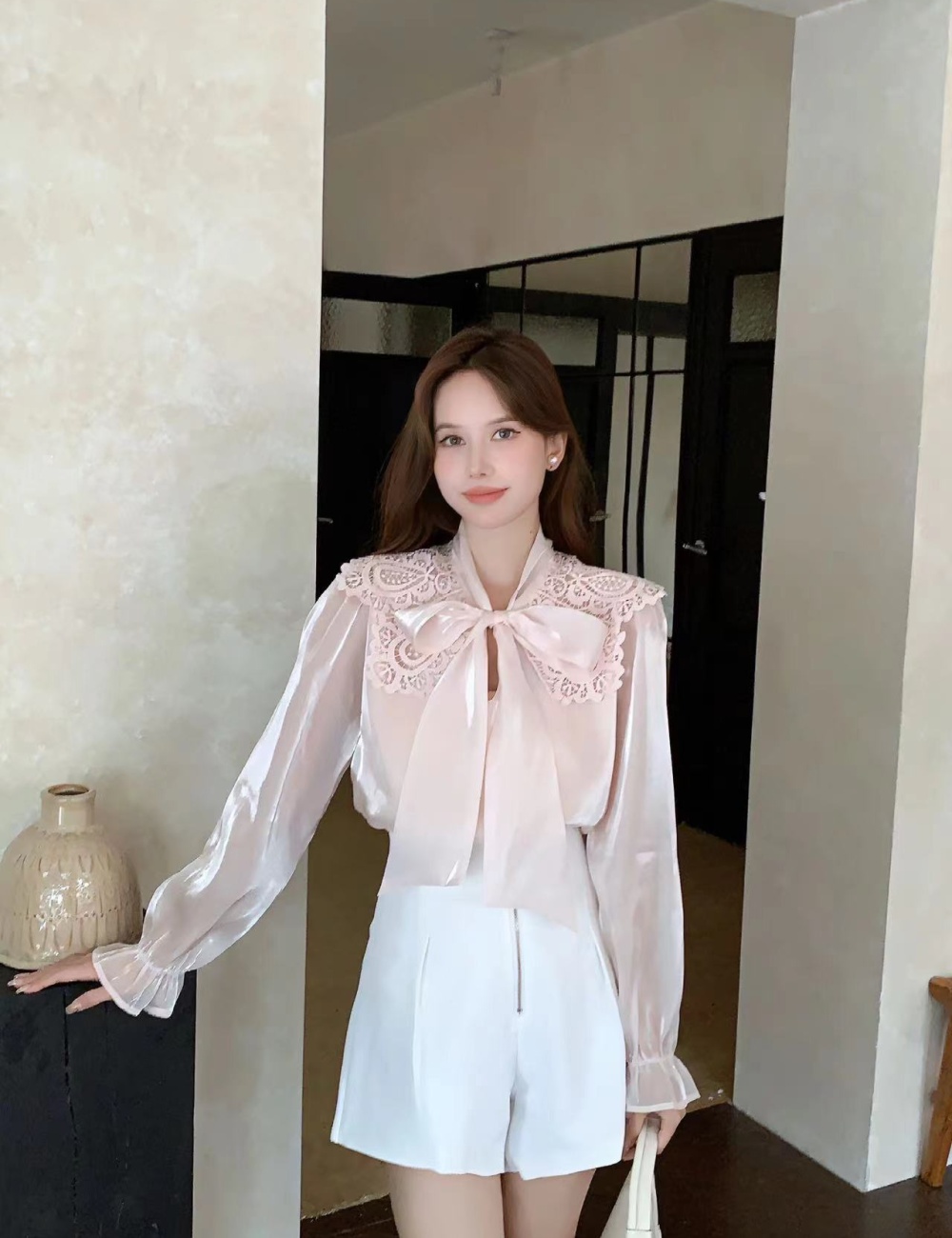 All-match niche bow speaker long sleeve doll collar tops