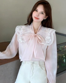 Pink unique bow shirt court style autumn tops