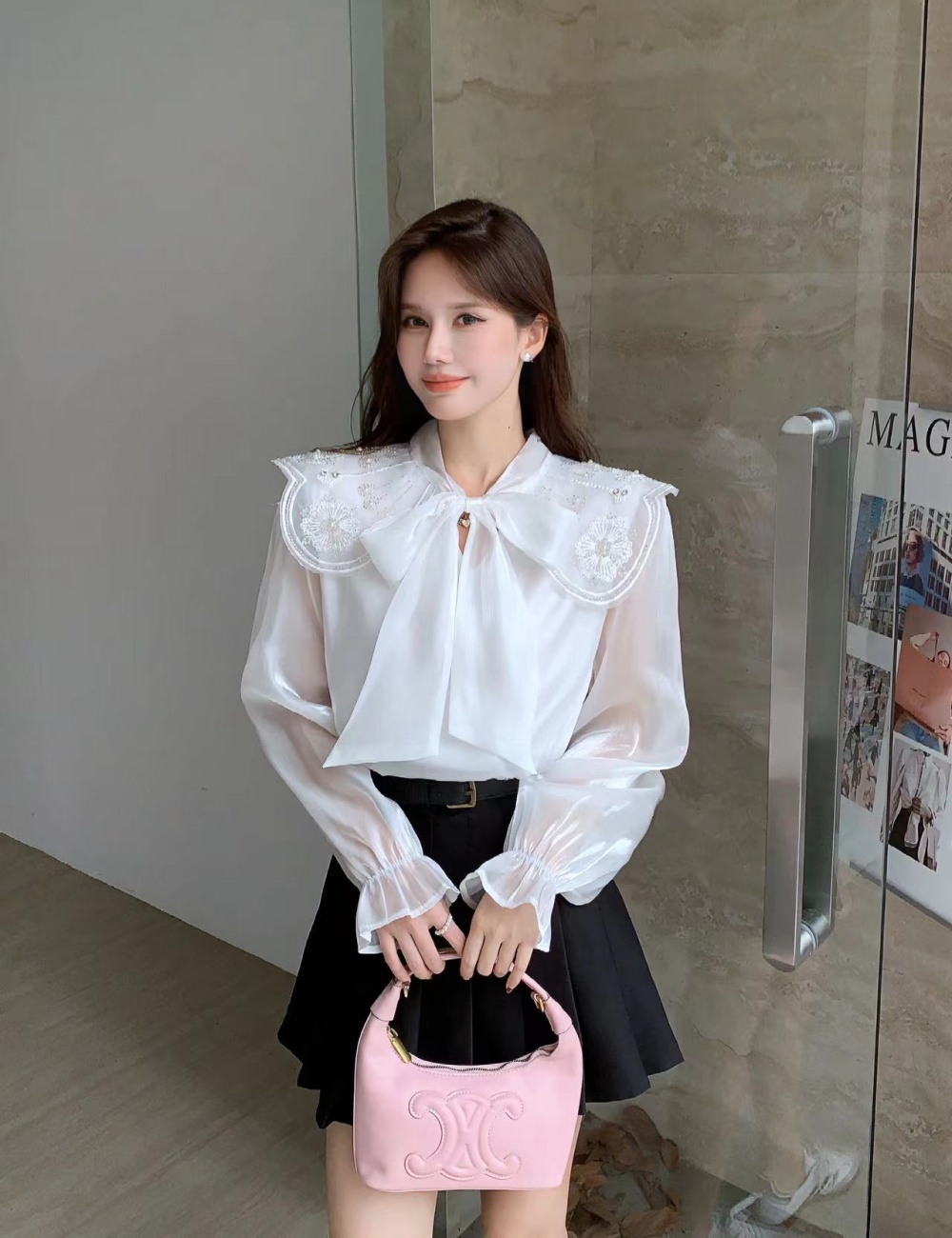 Pink unique bow shirt court style autumn tops