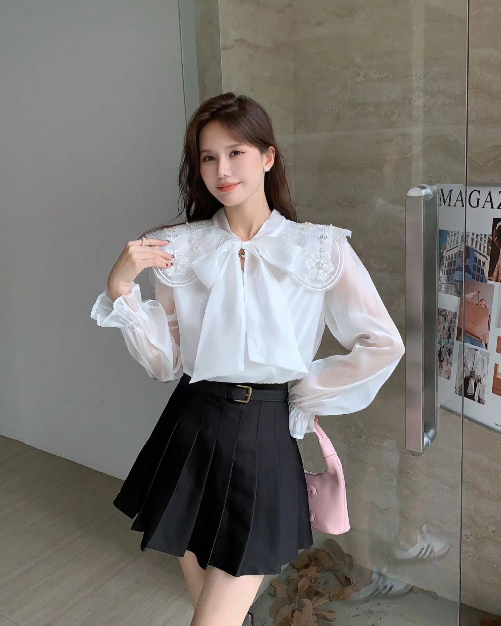 Pink unique bow shirt court style autumn tops