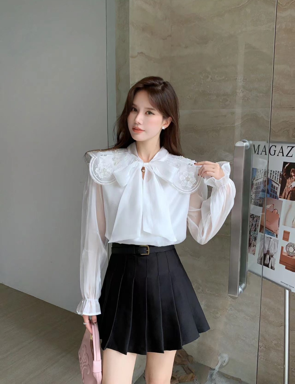 Pink unique bow shirt court style autumn tops