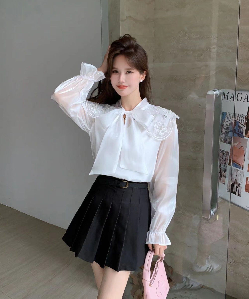 Pink unique bow shirt court style autumn tops