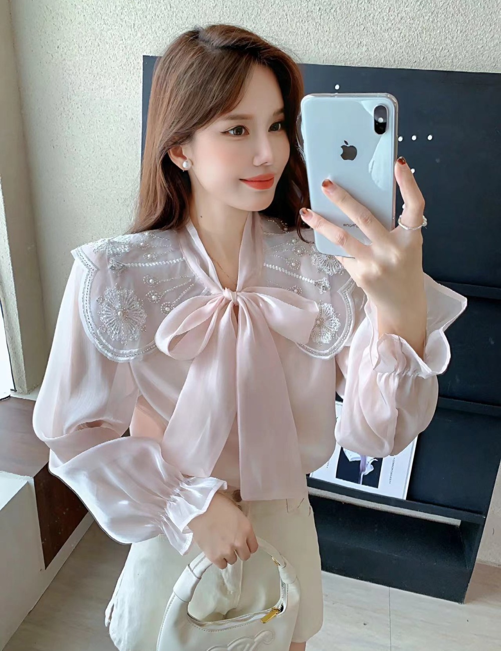 Pink unique bow shirt court style autumn tops