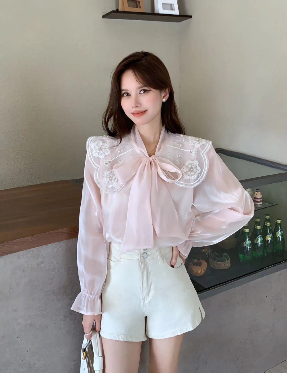 Pink unique bow shirt court style autumn tops