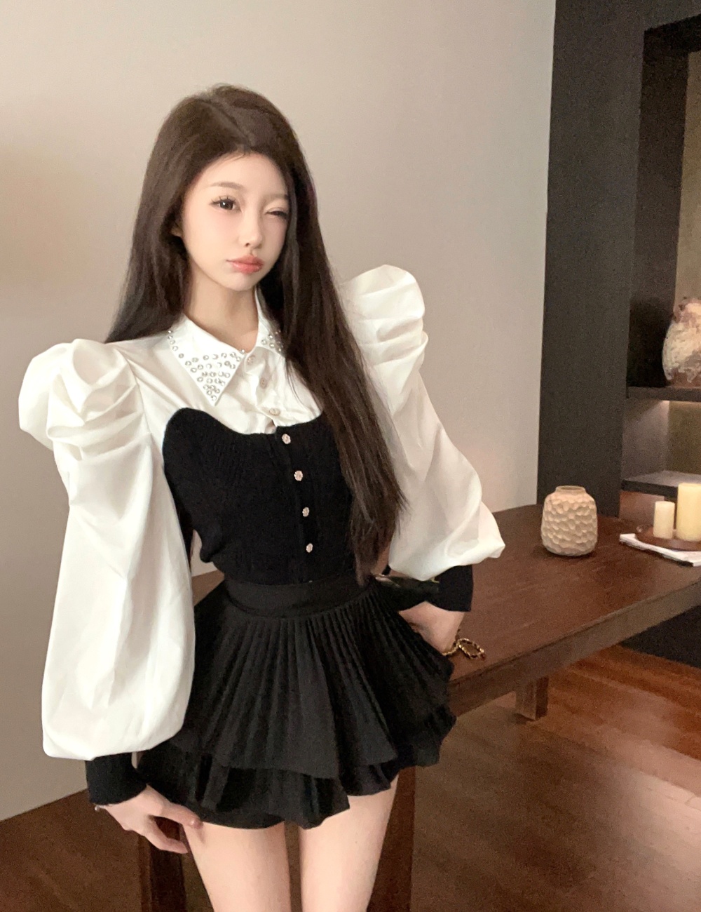 France style court style rhinestone puff sleeve tops