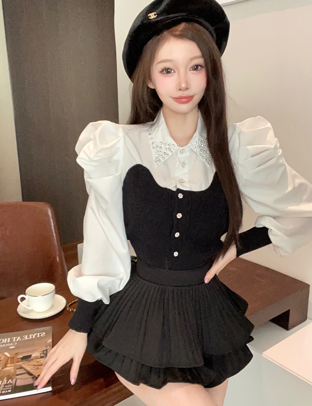 France style court style rhinestone puff sleeve tops