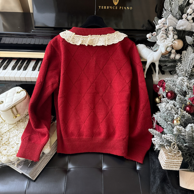 Lace winter knitted cardigan red temperament sweater