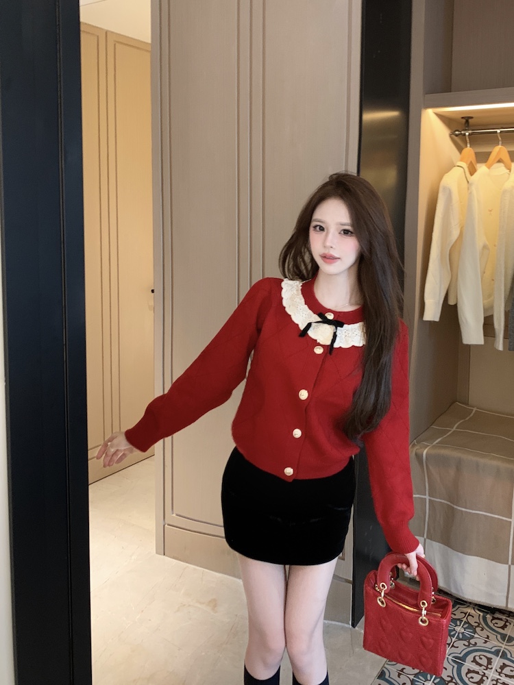 Lace winter knitted cardigan red temperament sweater