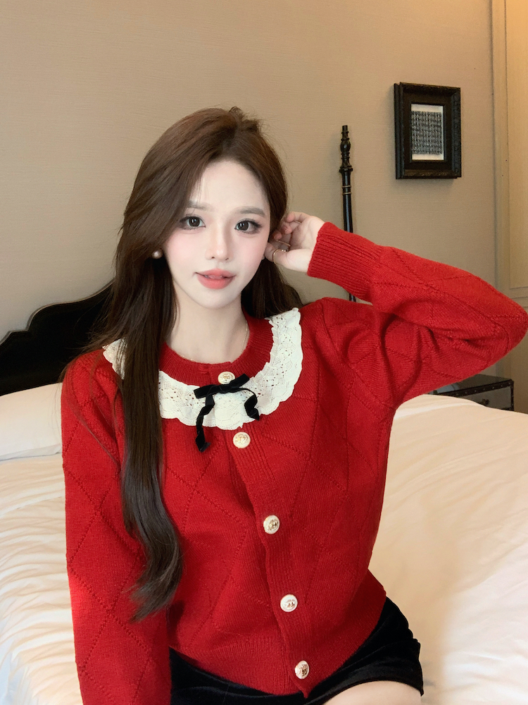 Lace winter knitted cardigan red temperament sweater