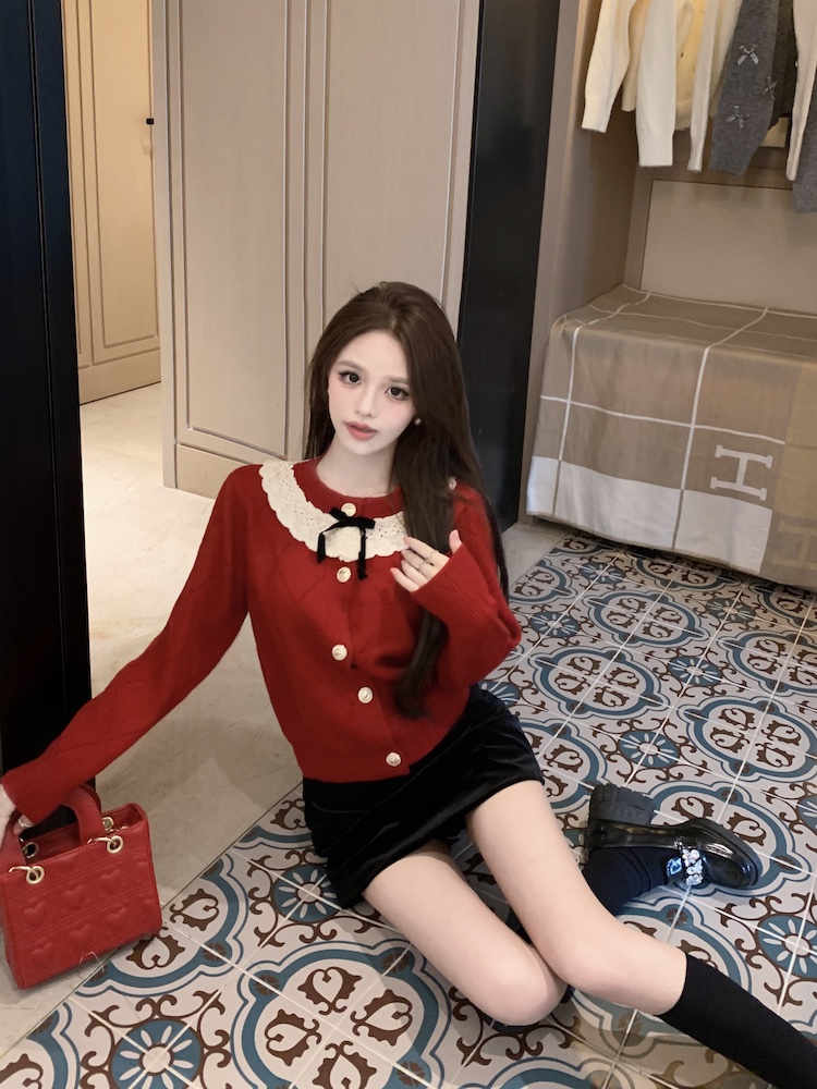 Lace winter knitted cardigan red temperament sweater