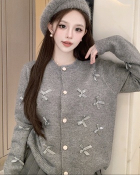 Short knitted bow coat gray unique round neck cardigan