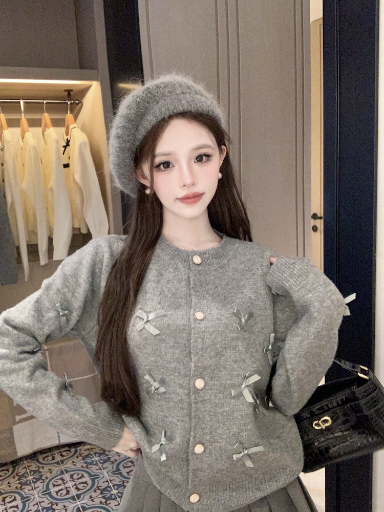 Short knitted bow coat gray unique round neck cardigan