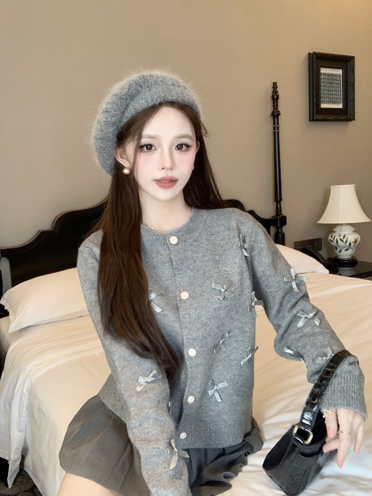 Short knitted bow coat gray unique round neck cardigan