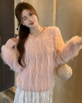 Lazy tender pink mink velvet short autumn tassels sweater