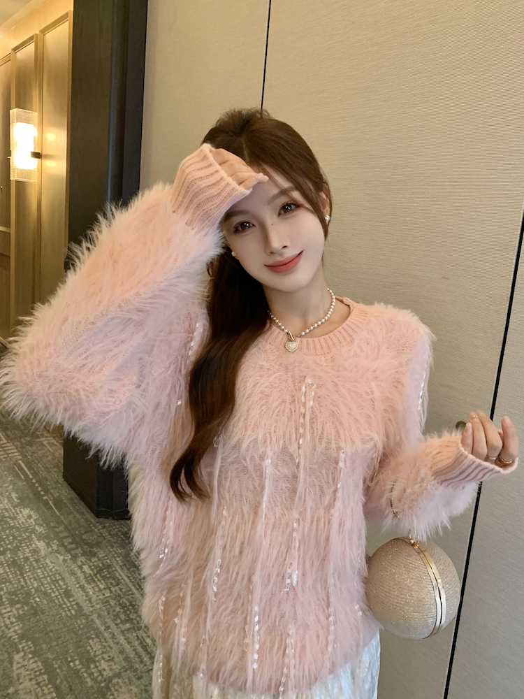 Lazy tender pink mink velvet short autumn tassels sweater