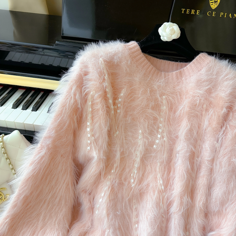 Lazy tender pink mink velvet short autumn tassels sweater