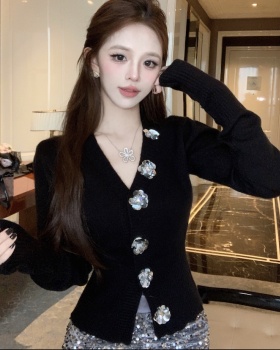 Pinched waist rose decoration cardigan slim sweater for women