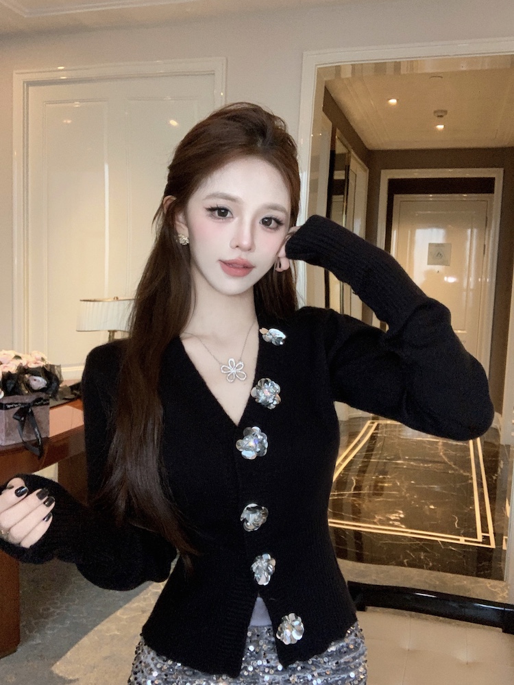 Pinched waist rose decoration cardigan slim sweater for women