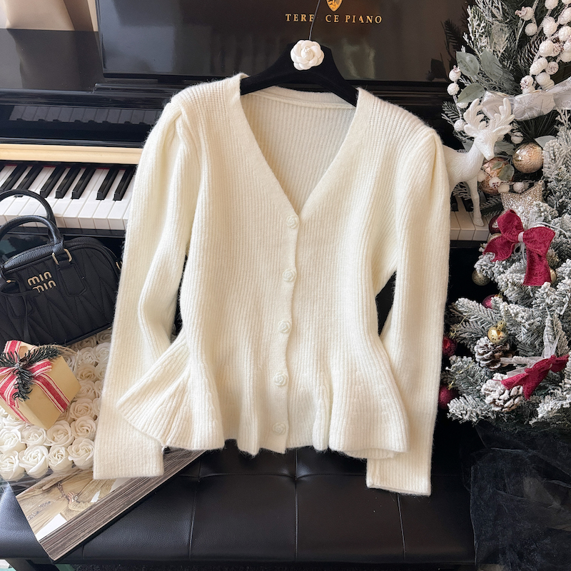 Puff sleeve sweater knitted cardigan for women