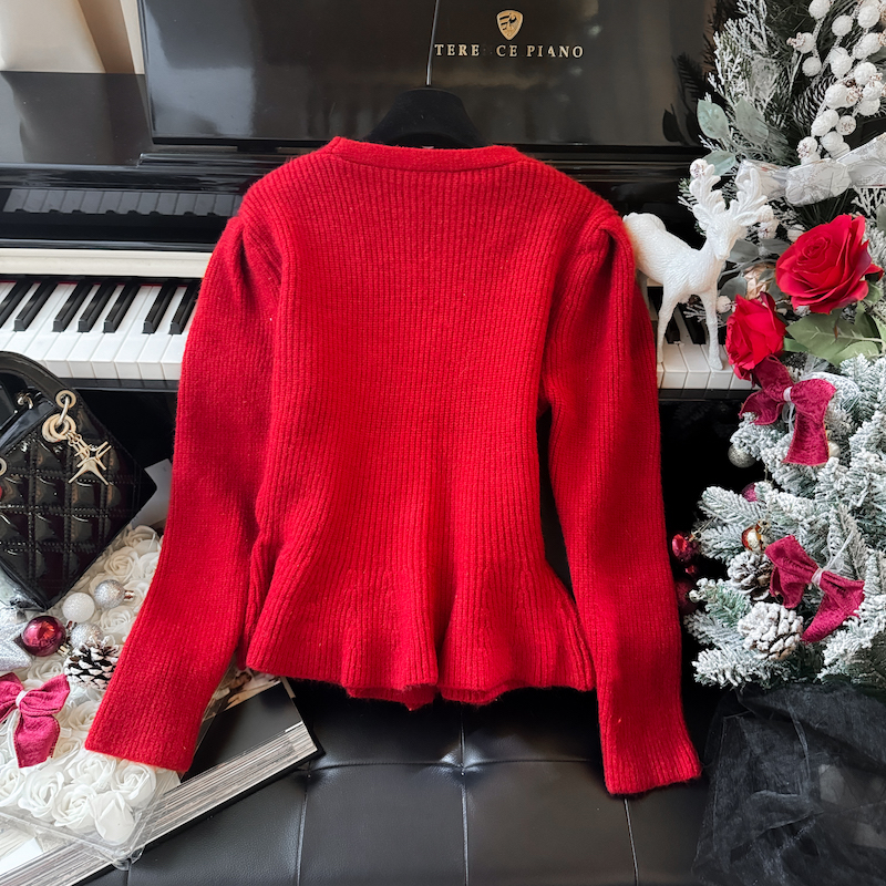 Puff sleeve sweater knitted cardigan for women