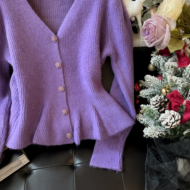 Puff sleeve sweater knitted cardigan for women