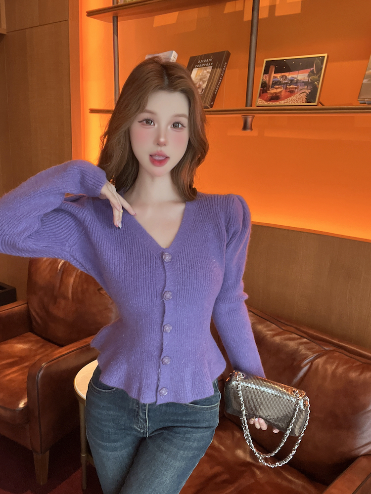 Puff sleeve sweater knitted cardigan for women