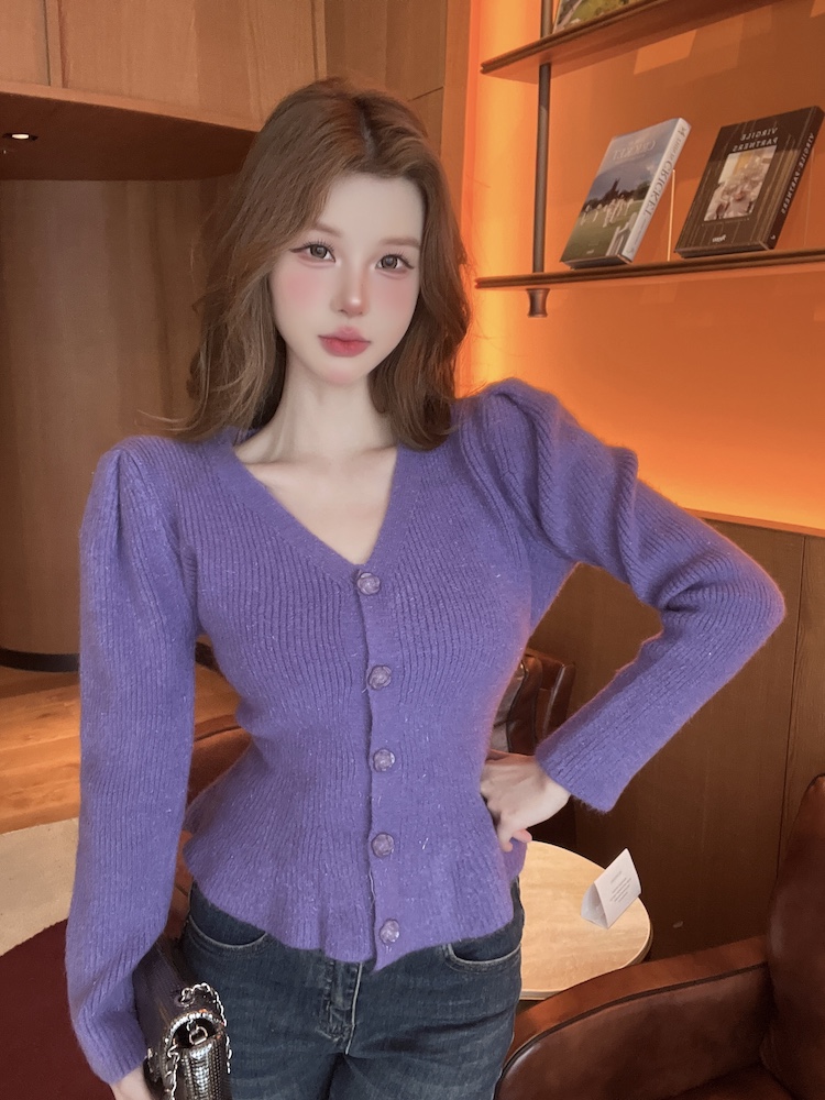 Puff sleeve sweater knitted cardigan for women