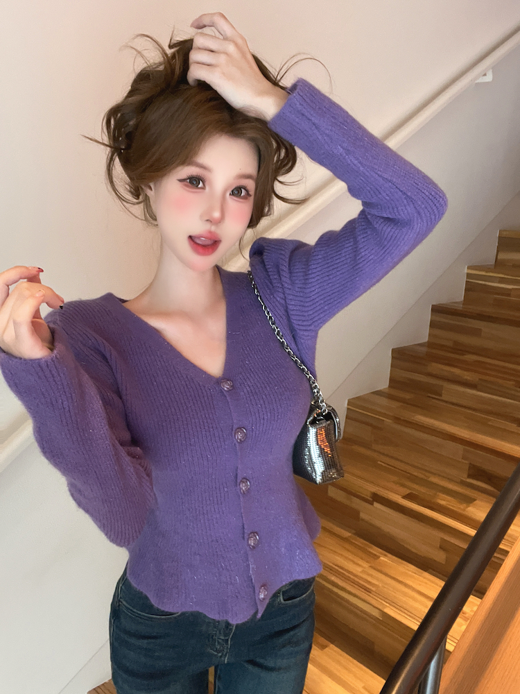 Puff sleeve sweater knitted cardigan for women