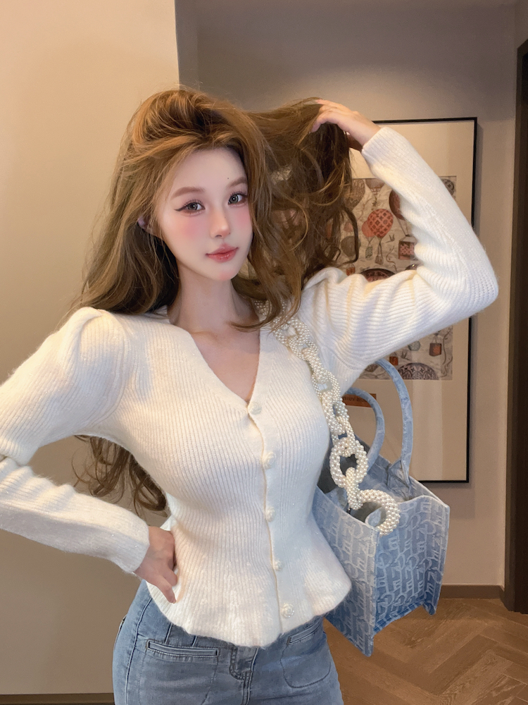 Puff sleeve sweater knitted cardigan for women