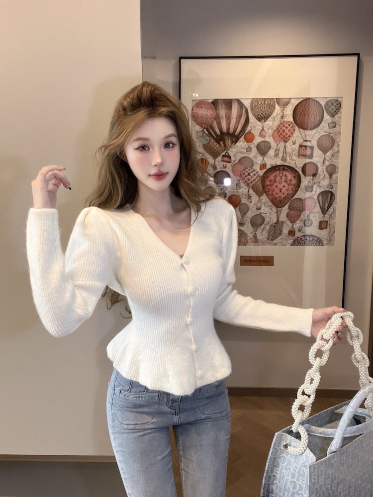 Puff sleeve sweater knitted cardigan for women