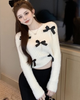 Niche knitted bow sweater lazy rhinestone mohair tops